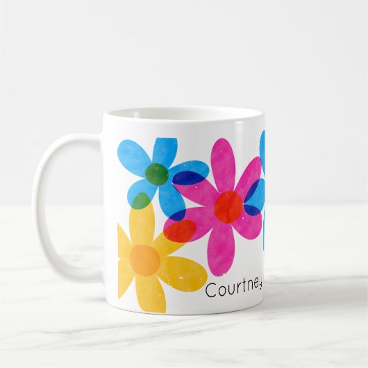 Heldere en gedurfde hippiebloemen gepersonaliseerd koffiemok (Links)