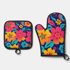 Heldere en gedurfde retro bloemen-dopamine stijl ovenwant & pannenlap set