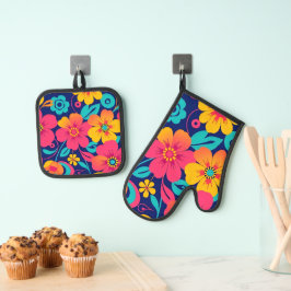 Heldere en gedurfde retro bloemen-dopamine stijl ovenwant & pannenlap set