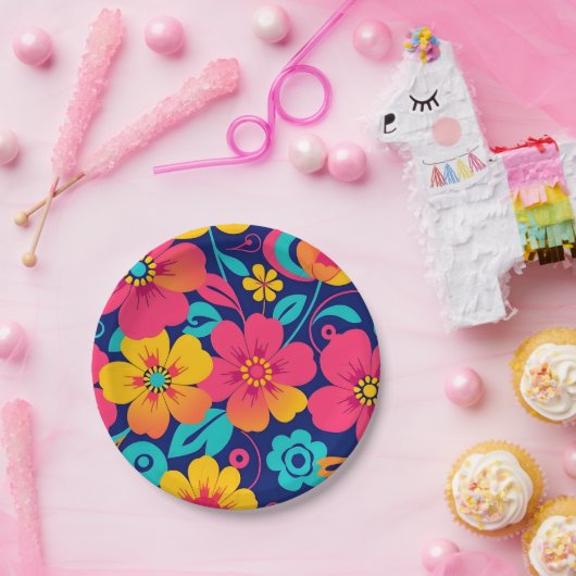 Heldere en gedurfde retro bloemen-dopamine stijl papieren bordje (Feest)