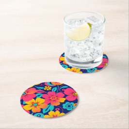 Heldere en gedurfde retro bloemen-dopamine stijl ronde kartonnen onderzetter