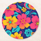 Heldere en gedurfde retro bloemen-dopamine stijl ronde kartonnen onderzetter (Voorkant)