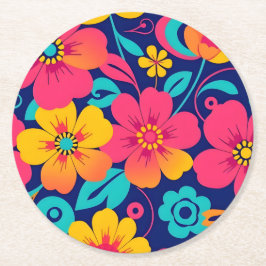 Heldere en gedurfde retro bloemen-dopamine stijl ronde kartonnen onderzetter