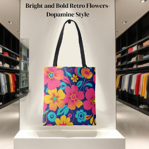 Heldere en gedurfde retro bloemen-dopamine stijl tote bag