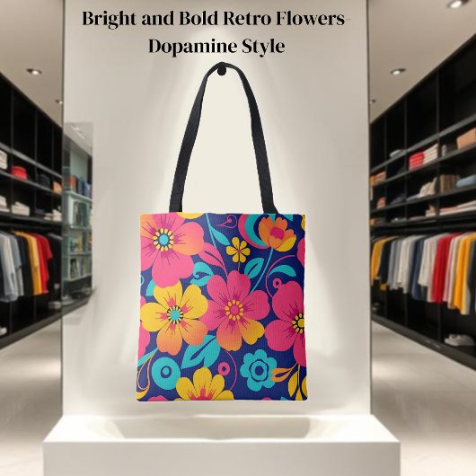 Heldere en gedurfde retro bloemen-dopamine stijl tote bag