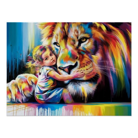 Heldere en kleurrijke Lion Hug Digitale Kunst - Le Perfect Poster (Voorkant)