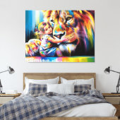Heldere en kleurrijke Lion Hug Digitale Kunst Leve Canvas Afdruk (Insitu (Slaapkamer))