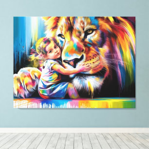 Heldere en kleurrijke Lion Hug Digitale Kunst Leve Canvas Afdruk