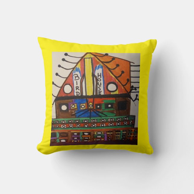 Heldere en kleurrijke vogelhuis gele achtergrond kussen (Voorkant)