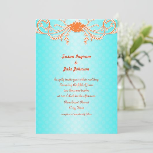 Heldere en leuke Aqua en Tangerine bruiloft uitnod Kaart (Staand voorkant)