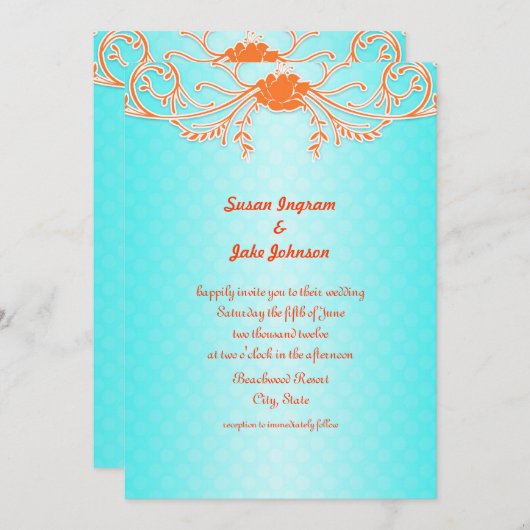 Heldere en leuke Aqua en Tangerine bruiloft uitnod Kaart (Voorkant / Achterkant)
