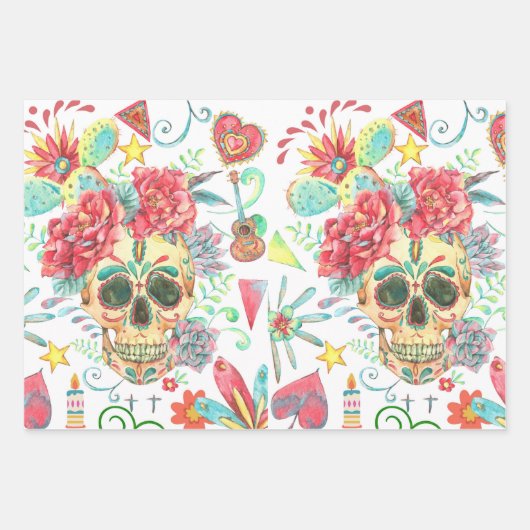 Heldere en Leuke Fiesta Kleuren met Suikerschedels Inpakpapier Vel (Voorkant)
