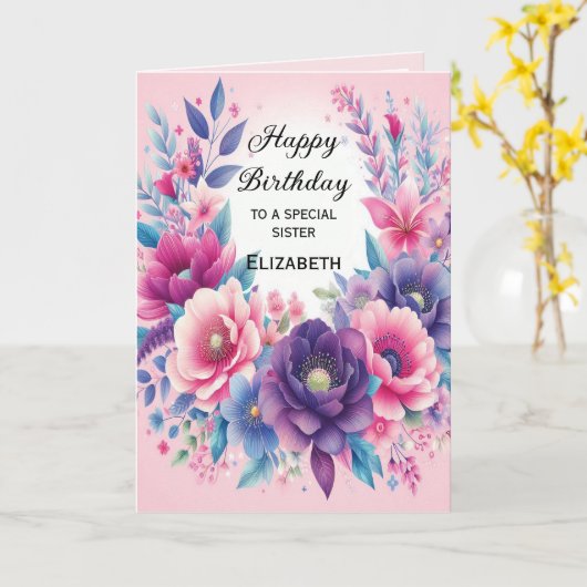 Heldere en Schattigee roze Paarse blauwe bloemen Kaart (Gele Bloem)