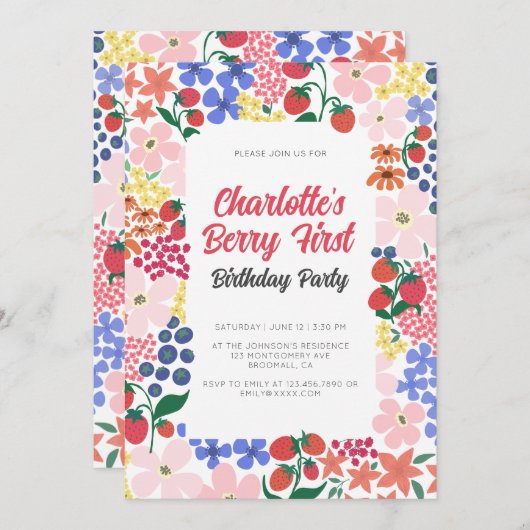 Heldere en Vette Aardbei Eerste Verjaardag bewerkb Kaart (Voorkant / Achterkant)