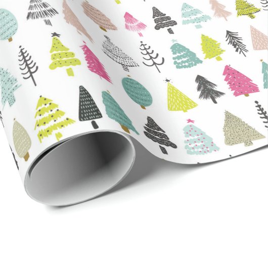 Heldere en vrolijke handgetekende kerstbomen cadeaupapier (Rol Hoek)