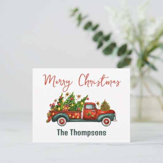 Heldere en vrolijke kerstwensen Rode oude vrachtwa Feestdagenkaart (Staand voorkant)
