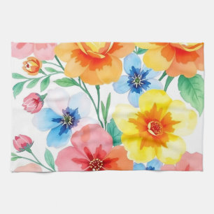 Heldere en vrolijke Waterverf Bloemen Theedoek