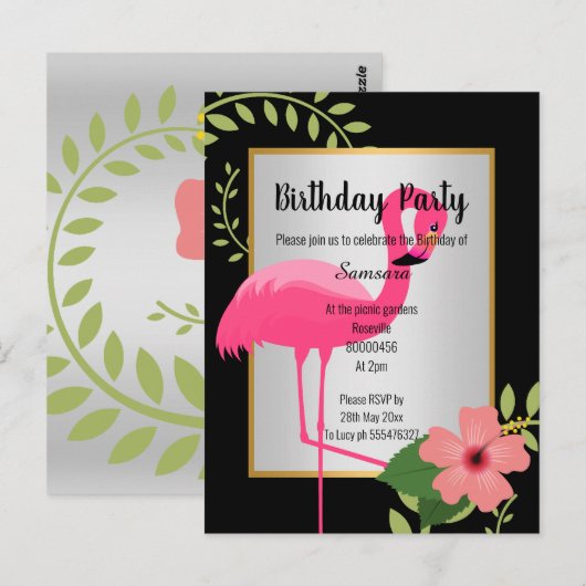 HELDERE FLAMINGO HIBISCUS ZILVER GOUD UITNODIGING (Voorkant / Achterkant)