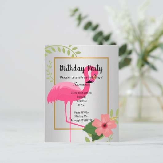 HELDERE FLAMINGO HIBISCUS ZILVER GOUD VERJAARDAGS  BRIEFKAART (Staand voorkant)