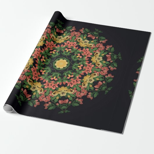 Heldere florale mandala met rode en gele bloemen. cadeaupapier (Uitgerold)