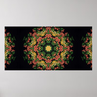 Heldere florale mandala met rode en gele bloemen.