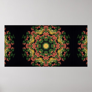 Heldere florale mandala met rode en gele bloemen. poster