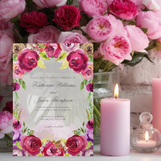 Heldere Fuchsia Roze Bloemen Romantische bruiloft Vellum Uitnodigingen