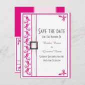 Heldere fuchsia roze witte kant bewaar de datum aankondigingskaart (Voorkant / Achterkant)