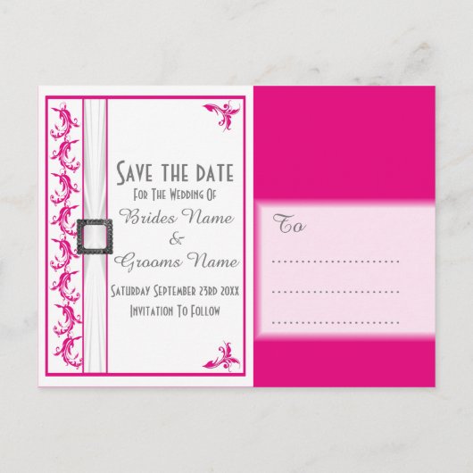 Heldere fuchsia roze witte kant bewaar de datum aankondigingskaart (Achterkant)
