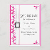 Heldere fuchsia roze witte kant bewaar de datum aankondigingskaart (Voorkant)