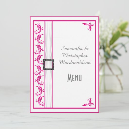 Heldere fuchsia roze witte kant bruiloft menu (Staand voorkant)