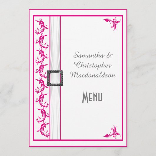 Heldere fuchsia roze witte kant bruiloft menu (Voorkant)
