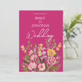 Heldere gedurfde wilde bloemen script bruiloft kaart (Staand voorkant)