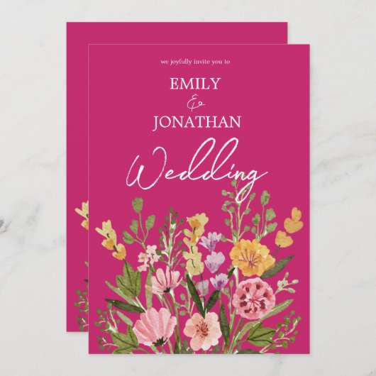 Heldere gedurfde wilde bloemen script bruiloft kaart (Voorkant / Achterkant)