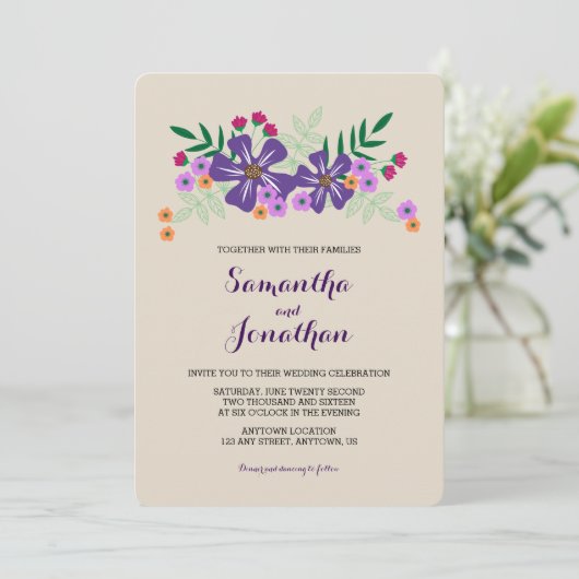 Heldere gekleurde bloemen bruiloft uitnodiging (Staand voorkant)