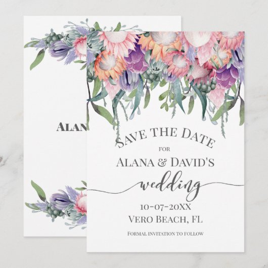 Heldere gekleurde exotische Protea bloemen opslaan Aankondiging (Voorkant / Achterkant)