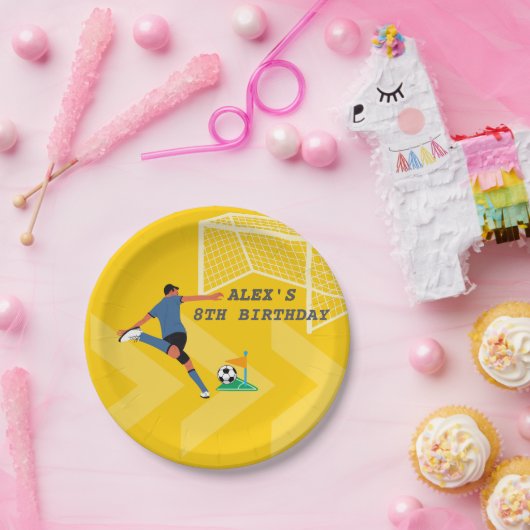 Heldere gele Fun Soccer Player Goal Verjaardag Papieren Bordje (Feest)