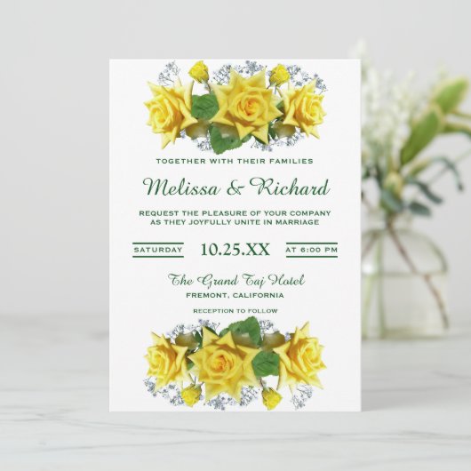 Heldere gele rozen Bloemen bruiloft uitnodiging (Staand voorkant)