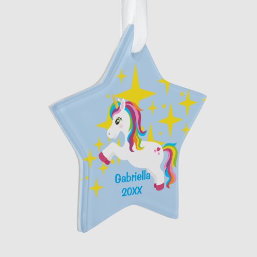 Heldere gele sterren met unicorn Ornament (voorkant)