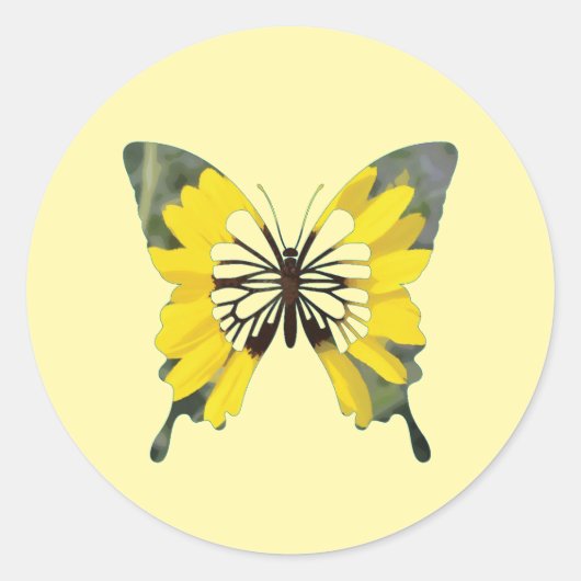 Heldere gele zonnebloem vlinder ronde sticker (Voorkant)