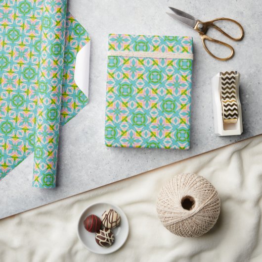 Heldere geometrische caleidoscooppatroon blauwgroe cadeaupapier (Crafts)