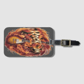 Heldere gitaar omringd door vlammen en muzieknoten bagagelabel (Voorkant (horizontaal))