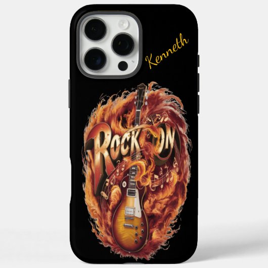 Heldere gitaar omringd door vlammen en muzieknoten Case-Mate iPhone case (Achterkant)