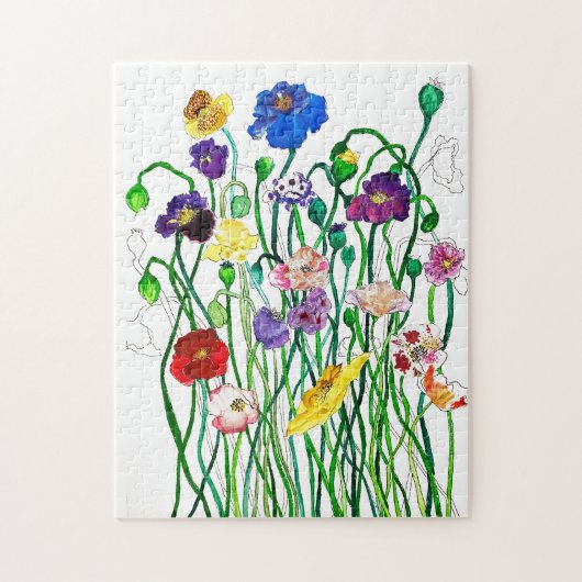 Heldere grillige kleurrijke wilde papaver aquarel legpuzzel (Verticaal)