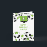 heldere groene voetbal kids happy birthday kaart<br><div class="desc">Deze voetbal thema verjaardagskaart is volledig aanpasbaar en heeft clusters van heldere groene,  zwarte en witte voetballen aan de boven- en onderranden aan de voorkant en een enkele cluster die de linkerbinnenkant van de kaart bedekt - pas de tekst aan de voorkant en binnenkant aan - door katz_d_zynes</div>