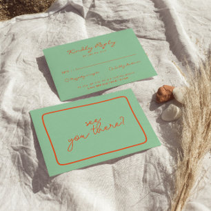 Heldere handgeschreven kleurrijke retro unieke bru RSVP kaartje