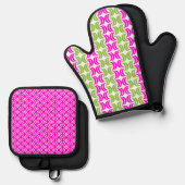 HELDERE HETE ROZE & GROENE GEOMETRISCHE PATRONEN OVENWANT & PANNENLAP SET (Voorkant / Achterkant)