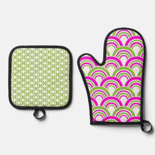 HELDERE HETE ROZE & LIME GROENE PATRONEN OVENWANT & PANNENLAP SET (Voorkant)