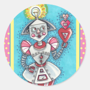 HELDERE IDEA GIRL ROBOT, COLORFUL MECHANISCHE HOOR RONDE STICKER