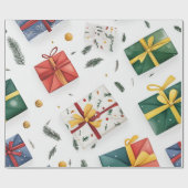 Heldere kerstcadeaudozen & groenblijvende bladeren cadeaupapier (Vlak)